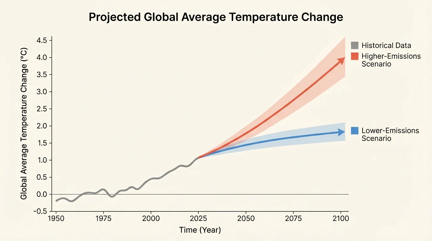 Line graph of global average temperature versus time showing lower-emissions and higher-emissions scenarios diverging upward