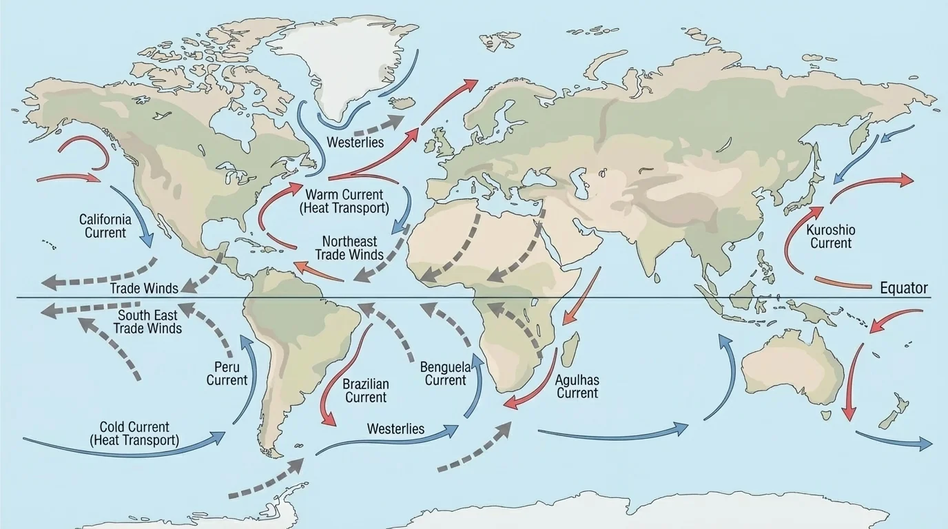 Simplified world map showing equator, trade winds, westerlies, and major warm and cold ocean currents transporting heat