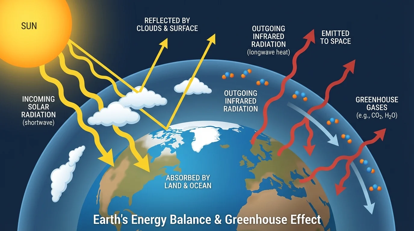 Earth receiving sunlight, some reflected by clouds and ice, some absorbed by land and ocean, and infrared heat radiating back into space