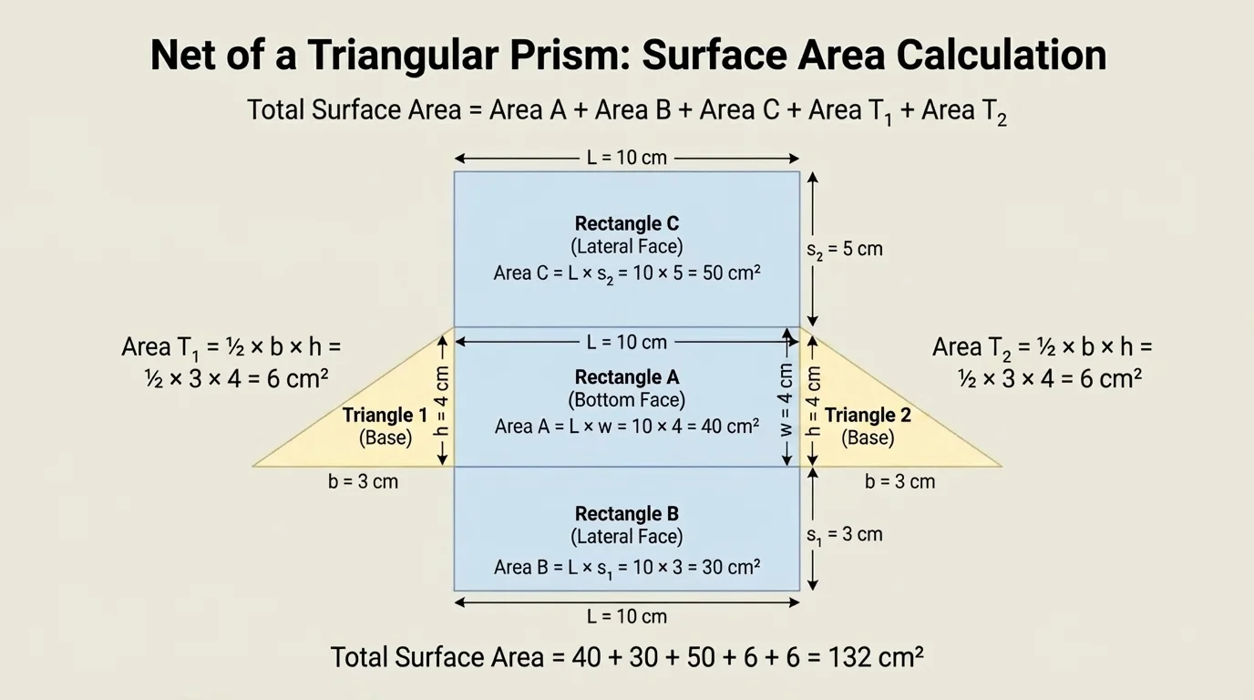 Labeled net of a triangular prism with dimensions marked on three rectangles and two triangles, each face clearly separated for area calculations
