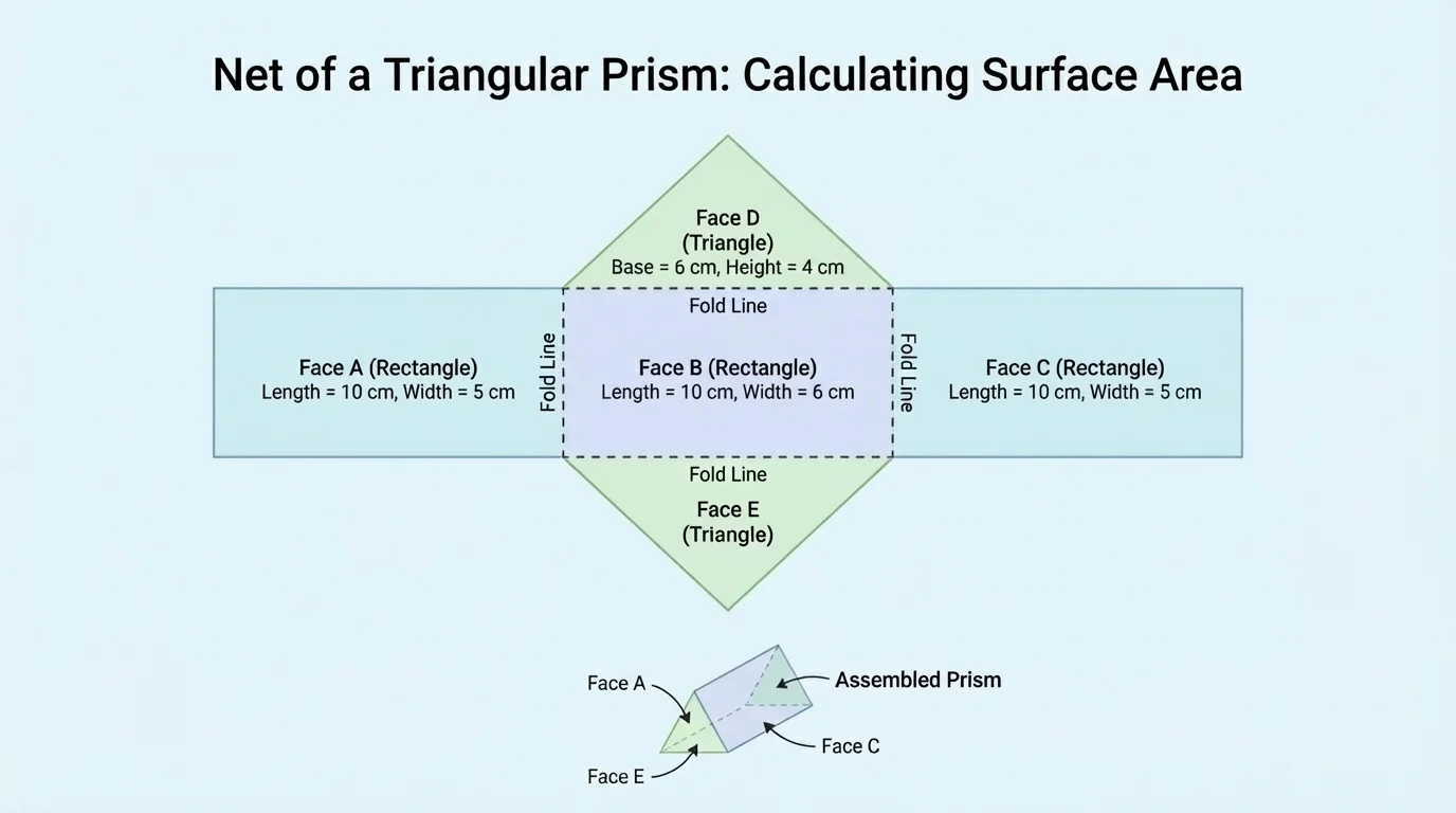 Triangular prism net with three rectangles in a row and two matching triangles attached, with fold lines and faces clearly labeled