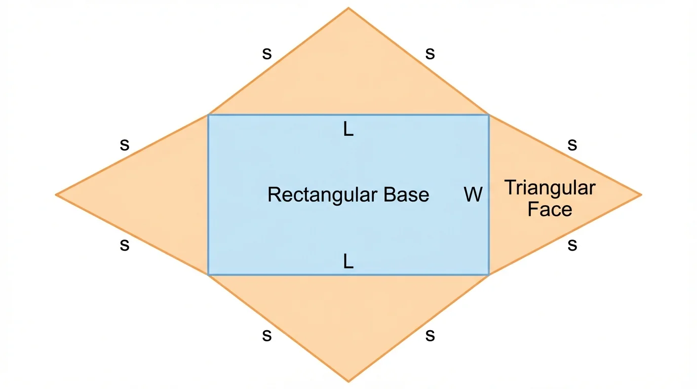 Rectangular pyramid net with one rectangular base in the center and four triangles attached around it, side lengths simply labeled