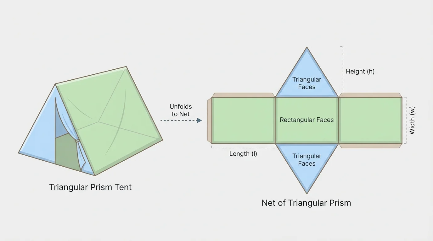 Small camping tent shaped like a triangular prism beside its matching flat net, with triangular ends and rectangular panels highlighted