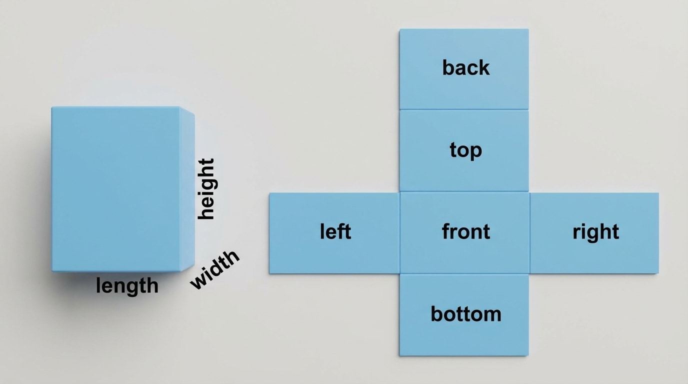 Rectangular prism with dimensions labeled length, width, height, next to a valid net of six rectangles, all faces labeled to match the 3D prism (front, back, left, right, top, bottom).