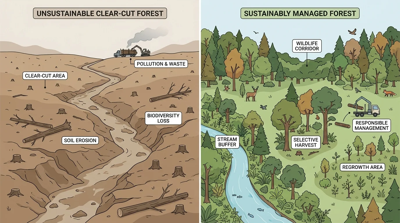 Side-by-side comparison of unsustainable clear-cut forest and sustainably managed forest with selective harvest, wildlife corridor, stream buffer, and regrowth area