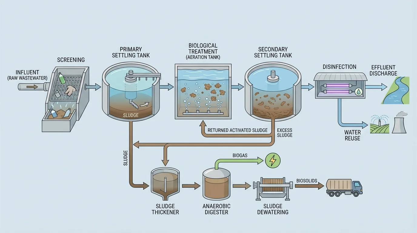 Wastewater treatment flowchart showing screening, primary settling, biological treatment, secondary settling, disinfection, and effluent discharge or reuse
