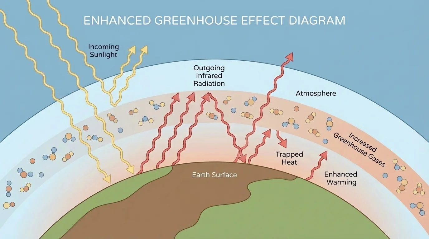 Enhanced greenhouse effect diagram with incoming sunlight, outgoing infrared radiation, Earth surface, atmosphere, and increased greenhouse gases trapping more heat