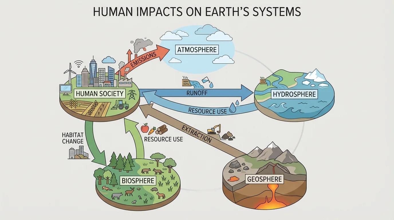 Labeled Earth systems diagram with atmosphere, hydrosphere, geosphere, biosphere, and human society connected by arrows labeled emissions, runoff, extraction, habitat change, and resource use