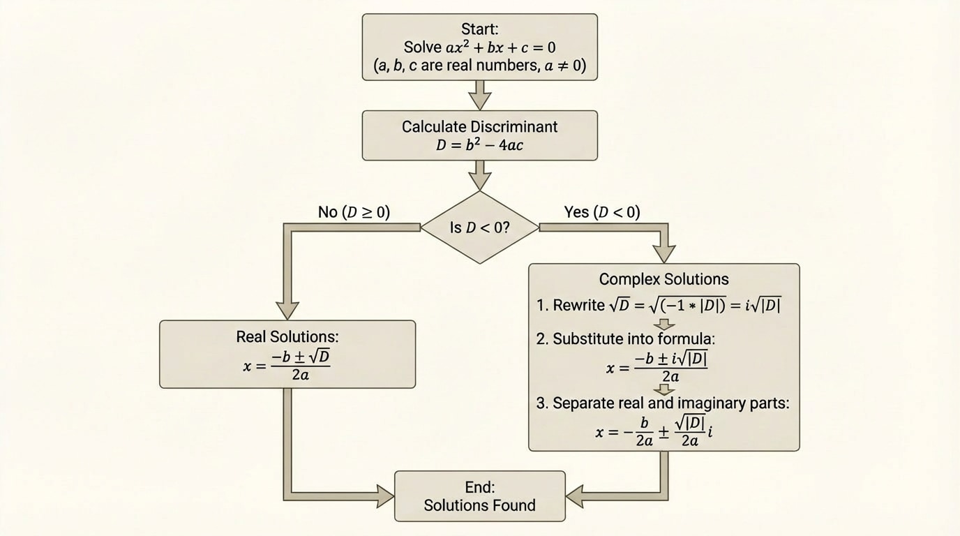 Flowchart for solving ax^2 + bx + c = 0 with the quadratic formula, branching on the sign of the discriminant; one branch labeled D < 0 shows sqrt(D) rewritten as i*sqrt(|D|) and solutions written as a ± bi