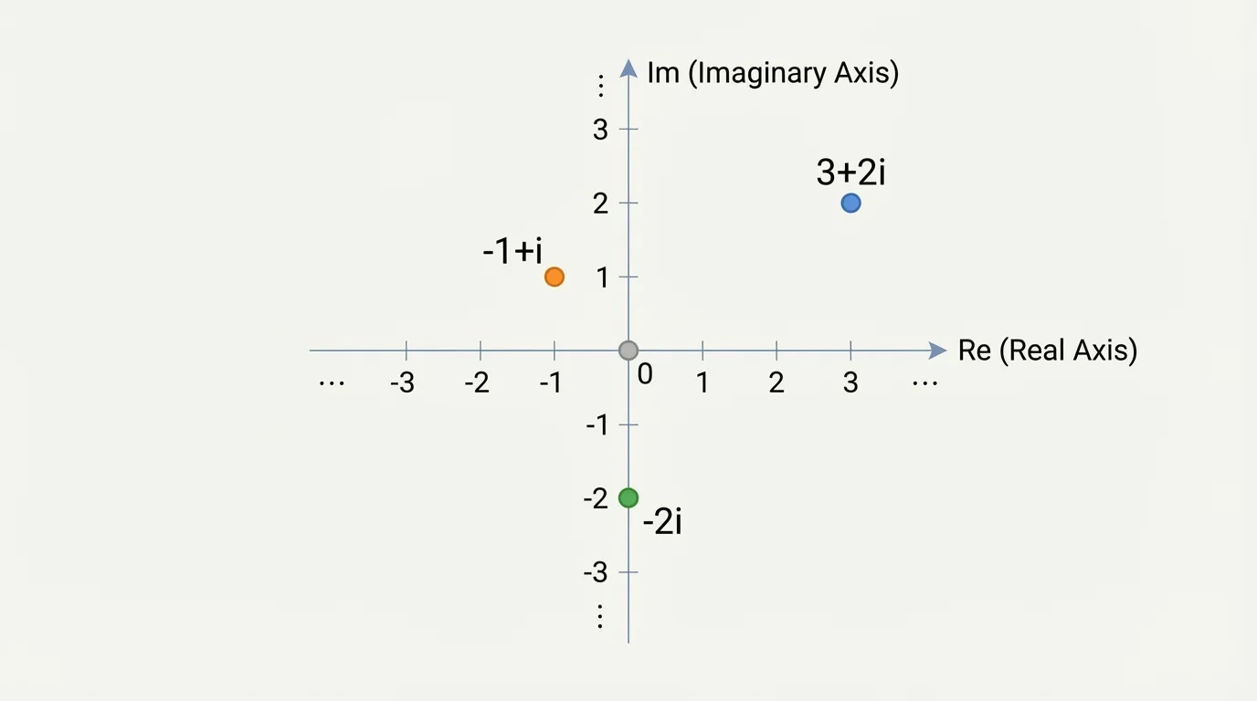 Complex plane with horizontal real axis and vertical imaginary axis, plotting points labeled 3+2i, -1+i, and -2i