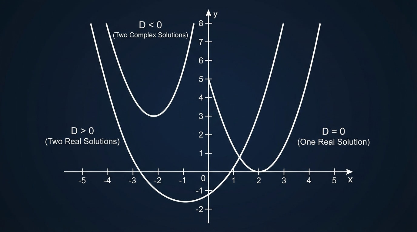 Three parabolas on coordinate axes: one crossing the x-axis twice (positive discriminant), one tangent to the x-axis (zero discriminant), and one entirely above the x-axis with no intercepts (negative discriminant), each labeled with D > 0, D = 0, D < 0