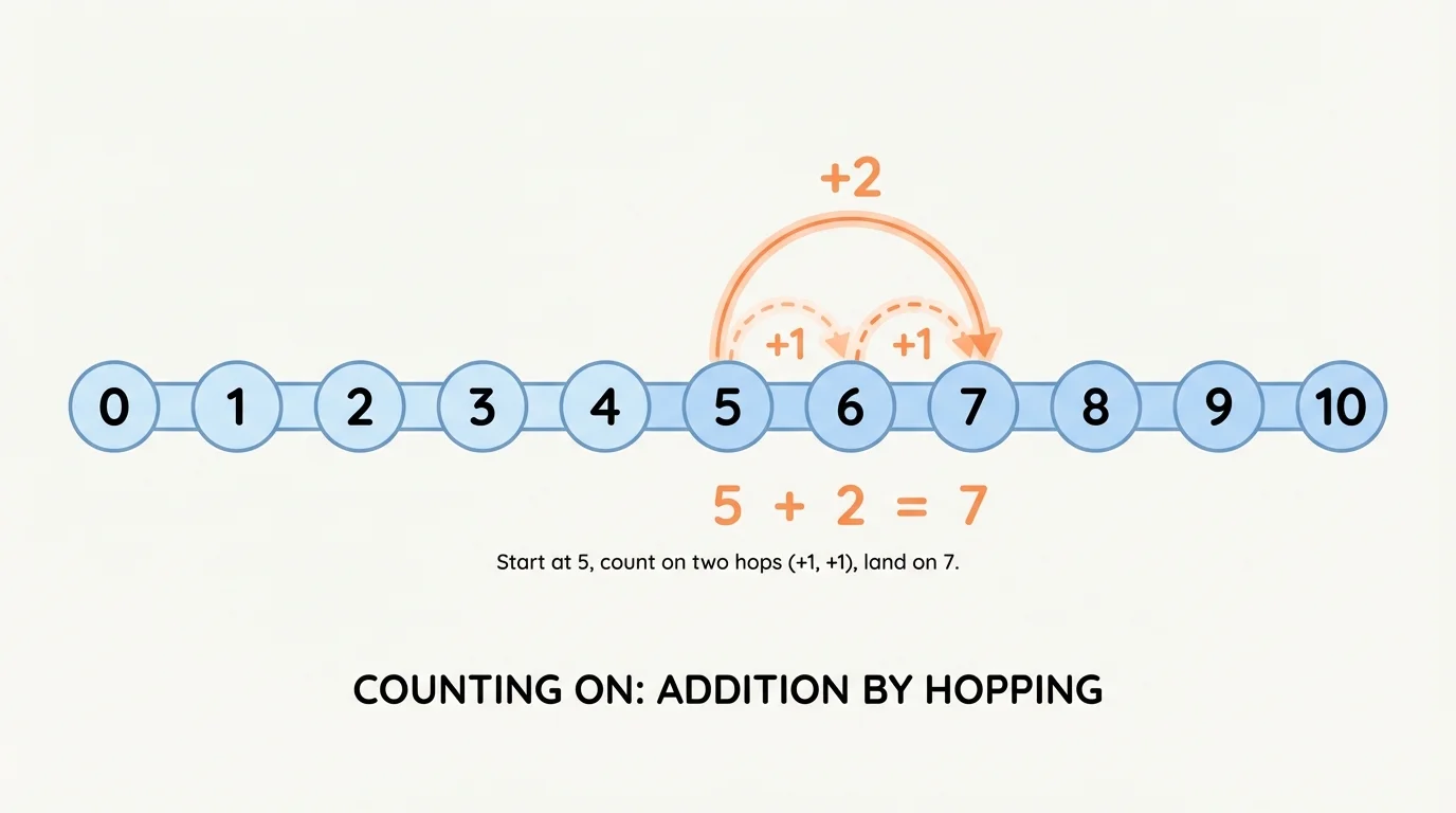 Number path from 0 to 10 with hops from 5 to 6 to 7 for counting on 2