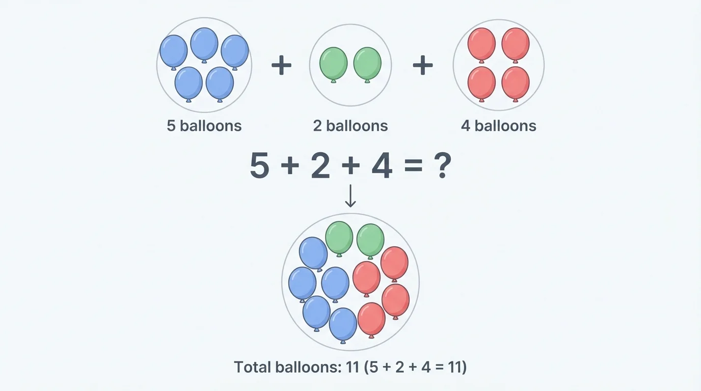 Three sets of balloons as circles, grouped 5, 2, and 4, with all circles counted together