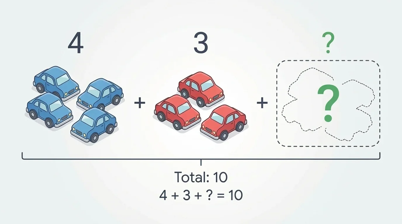 Toy cars in three groups with two groups labeled 4 and 3 and a missing group to make total 10