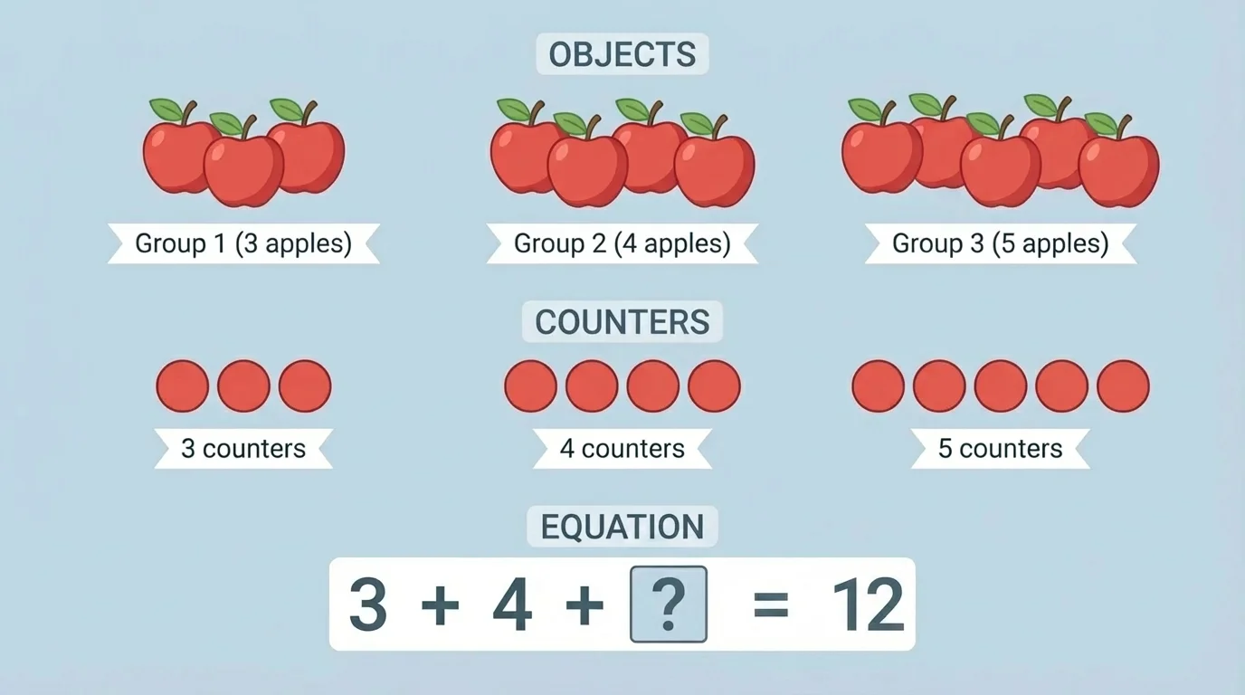 Three groups of apples shown as counters, simple circles, and an addition equation with total 12