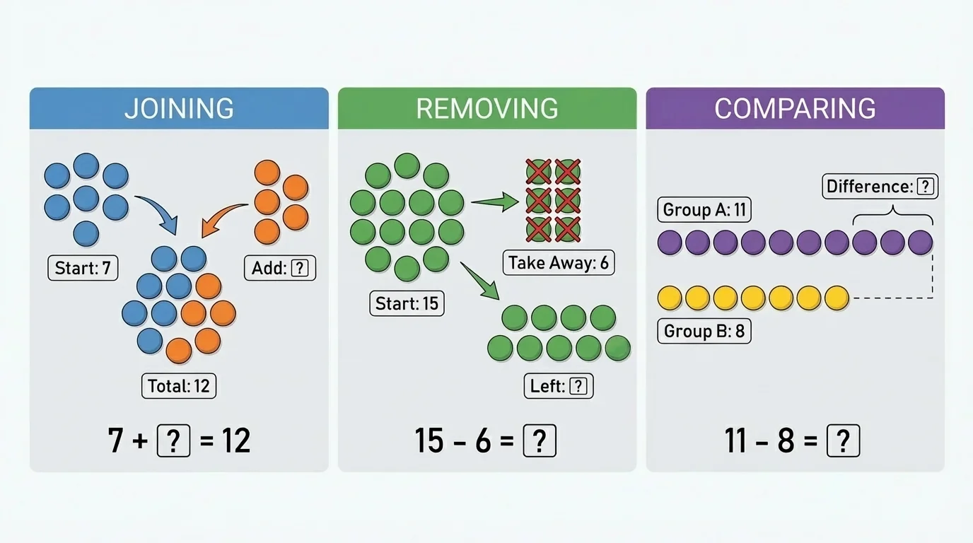 three small side-by-side scenes with counters showing joining two groups, removing some from a group, and comparing two groups up to 20