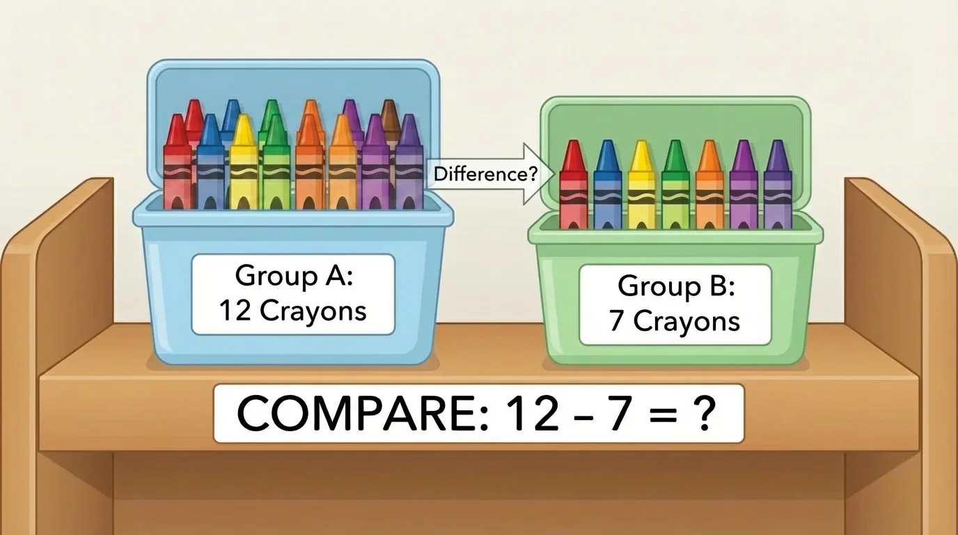 classroom shelf with two groups of crayons labeled by count, one group larger than the other for a compare situation up to 20