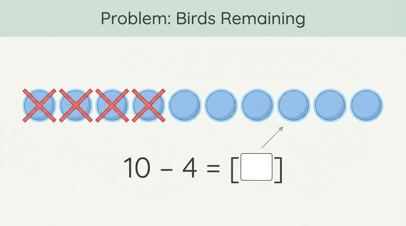 ten circles representing birds with four crossed out and six remaining, paired with a subtraction equation showing a box for the missing number