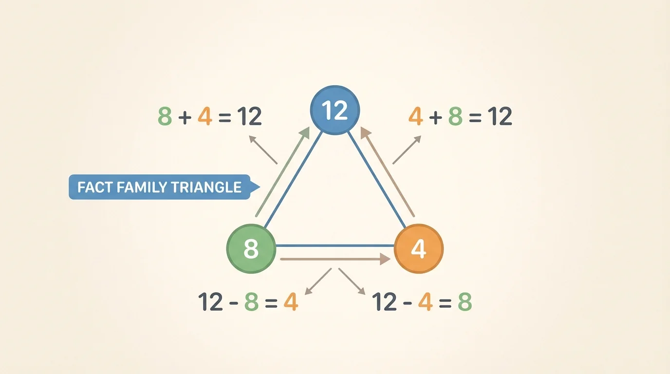 fact family triangle with numbers 8, 4, and 12, with related equations around the triangle