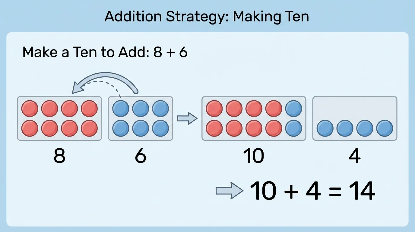 two groups of counters showing 8 and 6, with 2 moved from the 6-group to the 8-group to make 10 and 4 left over