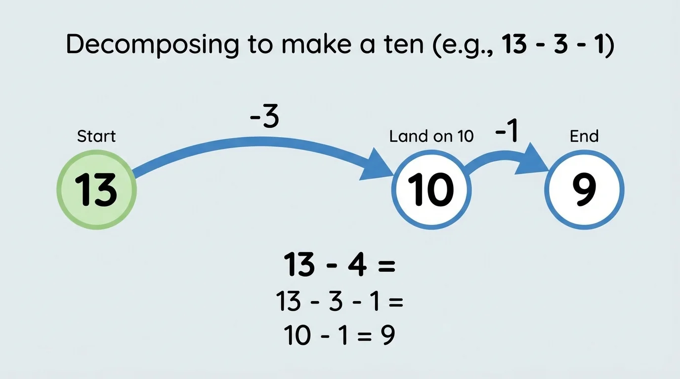 number path from 13 to 10 to 9 with a jump of 3 and then a jump of 1, labeled for 13 minus 4