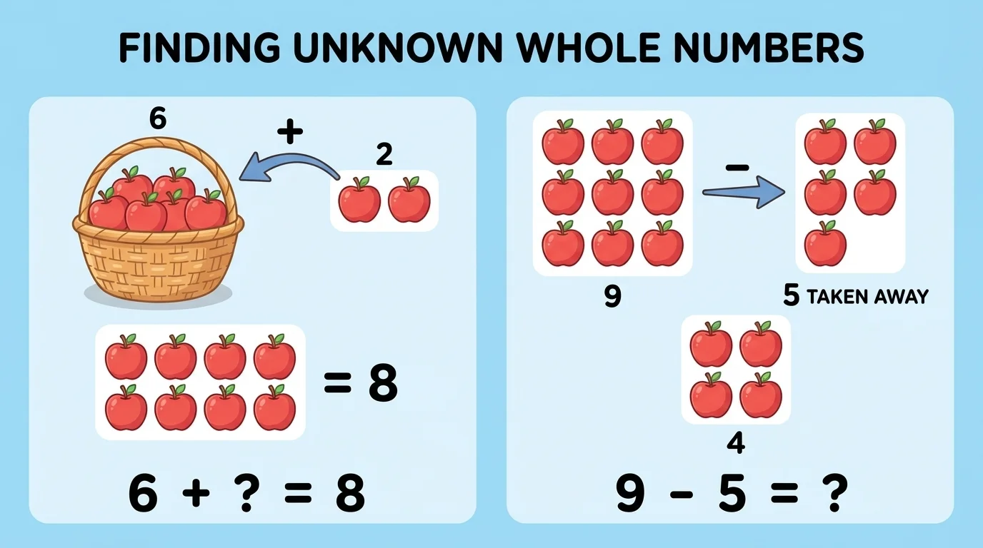 two simple scenes, one with 6 apples in a basket and 2 more apples beside it to make 8, and one with 9 apples where 5 are taken away leaving 4