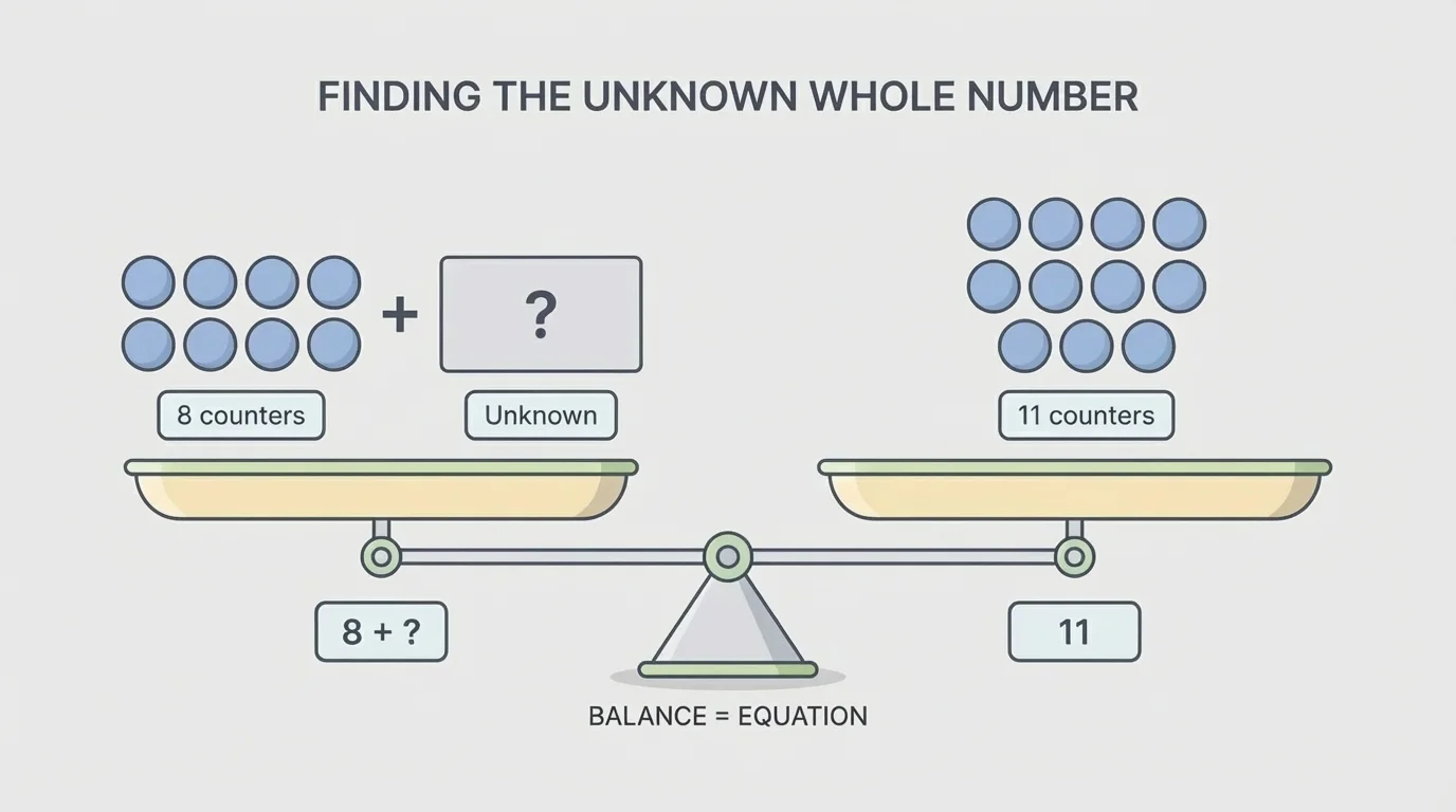 balance-style picture with 8 counters plus an empty box on one side and 11 counters on the other side, showing the idea of a true equation