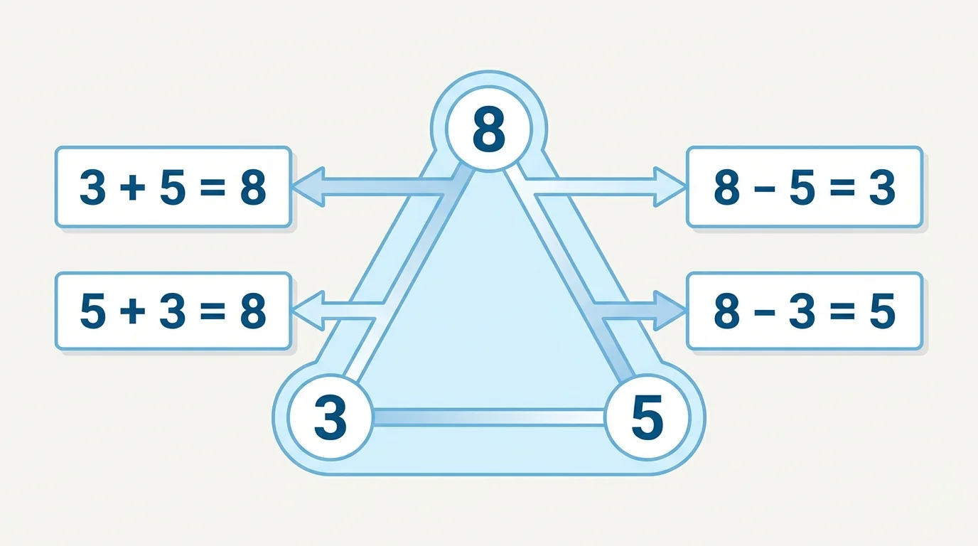 fact family triangle with numbers 3, 5, and 8, connected to the four related addition and subtraction equations