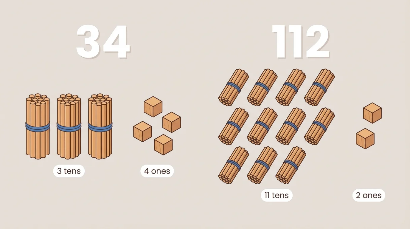 bundles of ten sticks and single cubes showing 34 as 3 tens and 4 ones, and 112 as 11 tens and 2 ones