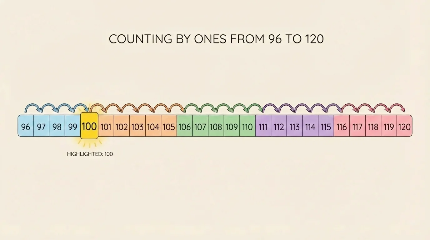 number path from 96 to 120 with 100 highlighted and arrows showing counting forward by ones