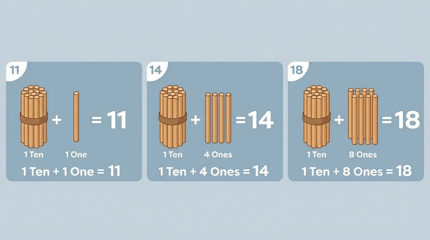 base-ten style picture with one tied bundle of ten sticks and separate single sticks for 11, 14, and 18