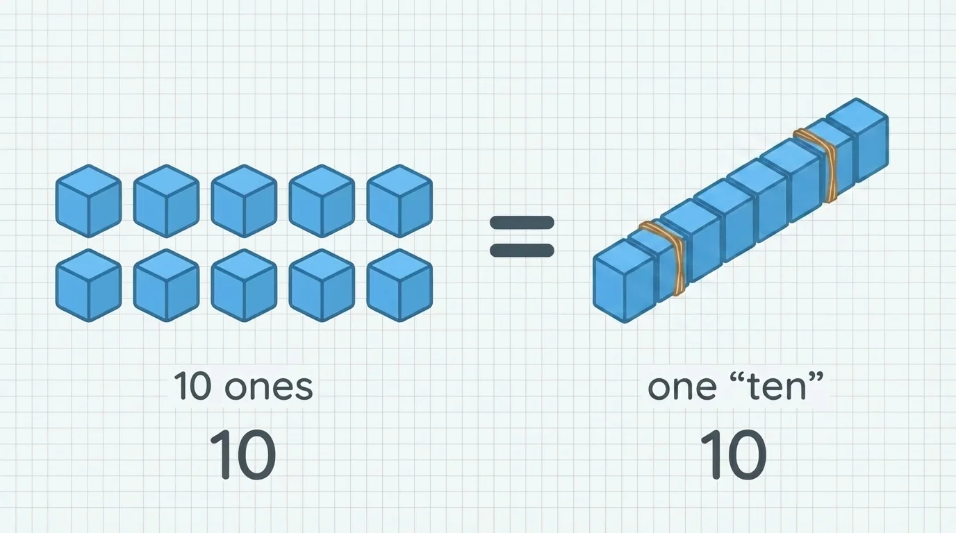 ten loose counting cubes on one side and one tied bundle of ten cubes on the other, showing that both groups are the same amount