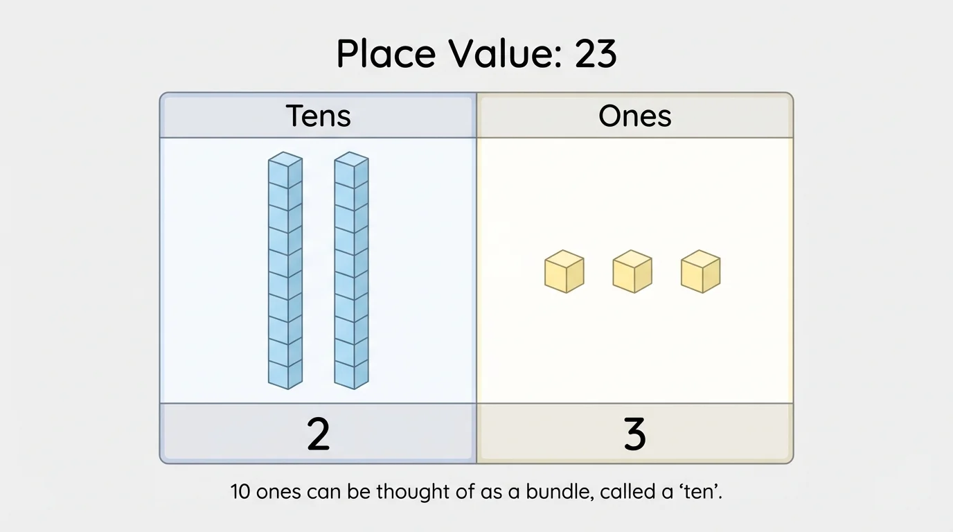 simple place value chart with a tens column showing 2 tens rods and a ones column showing 3 single cubes for the number 23