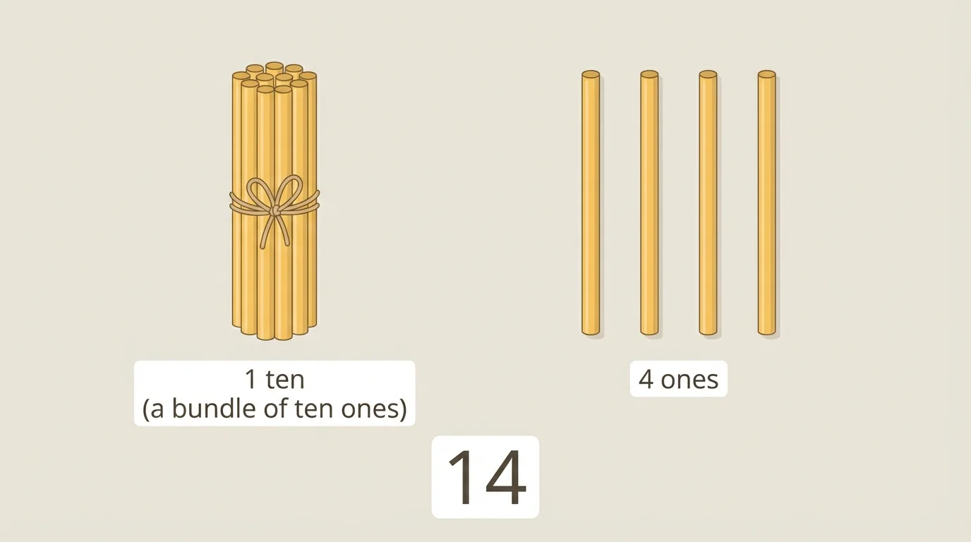 one tied bundle of ten straws next to 4 loose straws on a desk, representing the number 14