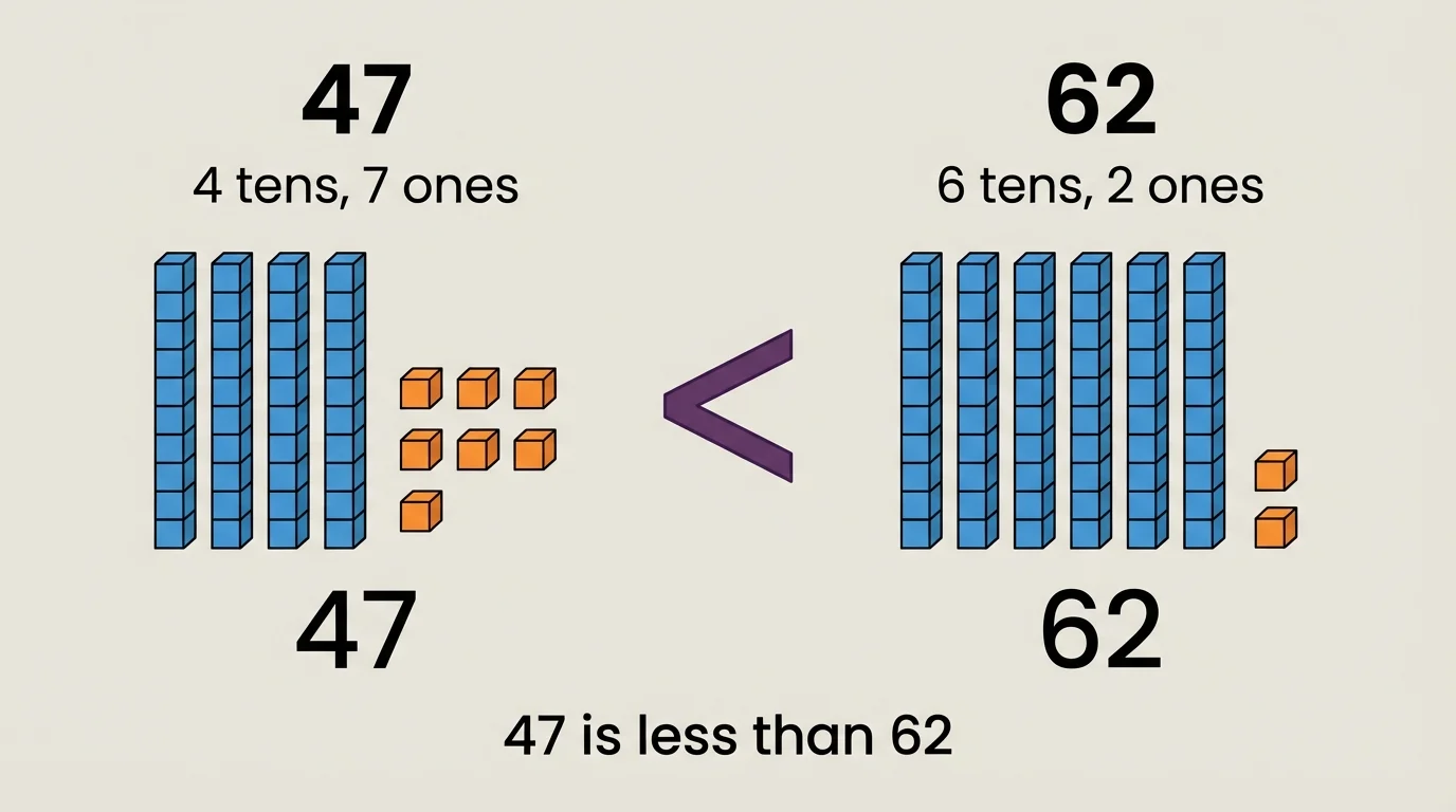 side-by-side comparison of 47 and 62 with 4 tens 7 ones versus 6 tens 2 ones using tens rods and ones cubes