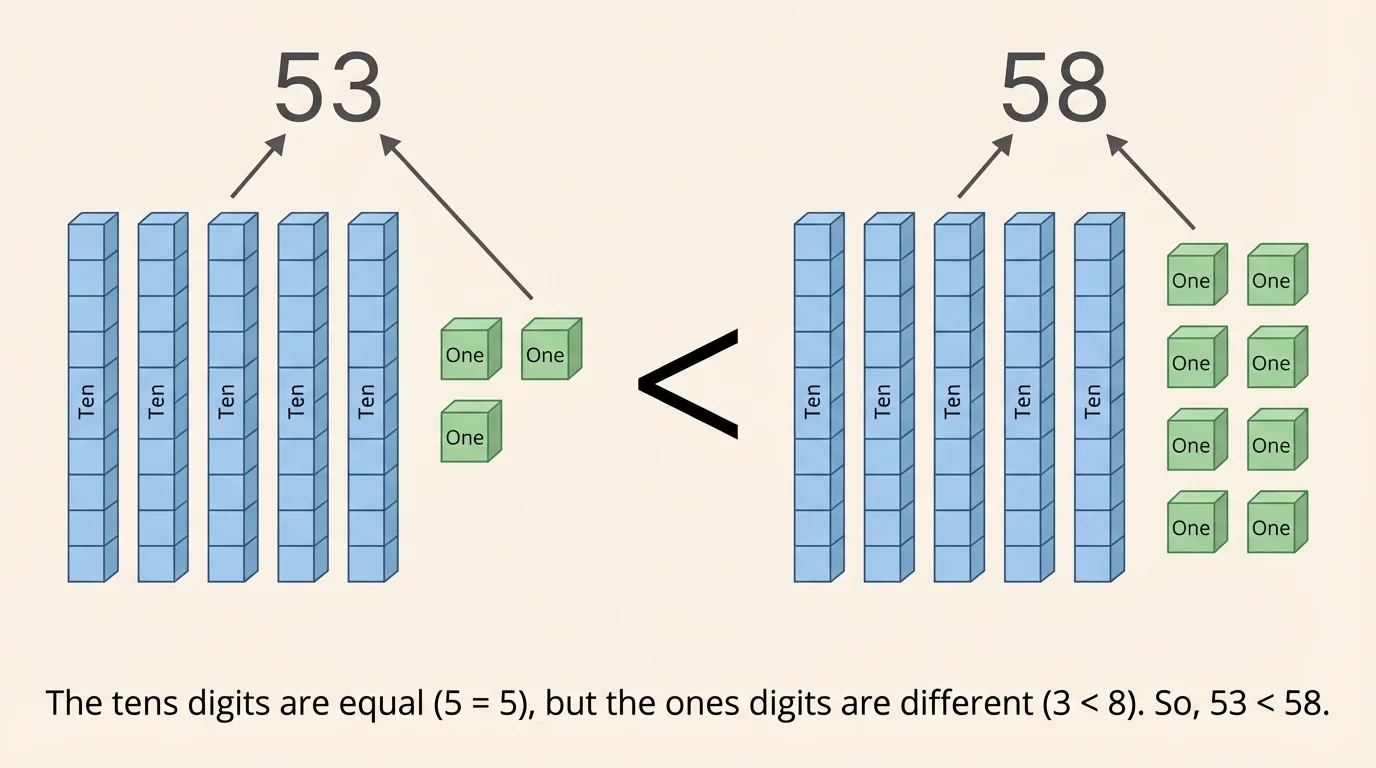 side-by-side comparison of 53 and 58 with equal 5 tens rods and different ones cubes, 3 versus 8