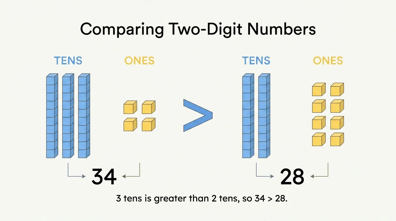 base-ten blocks showing 34 as 3 tens rods and 4 ones cubes, labeled tens and ones