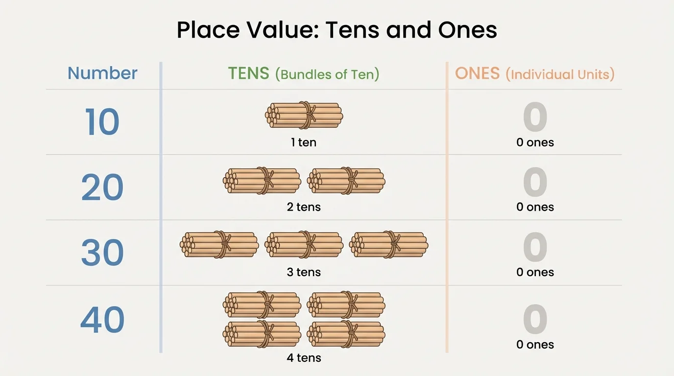 chart showing bundles of ten sticks for 10, 20, 30, and 40 with ones column empty
