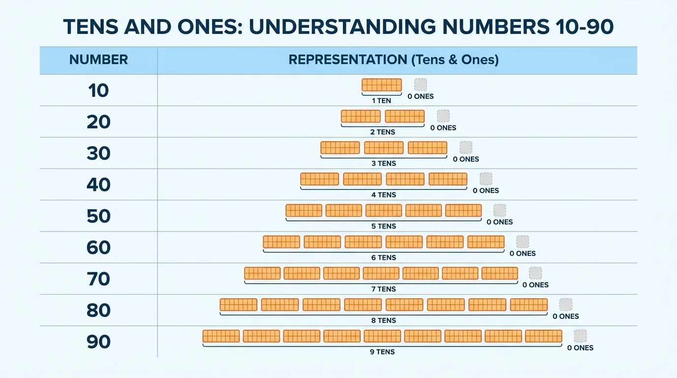 comparison chart with 10 one ten, 20 two tens, 30 three tens, up to 90 nine tens