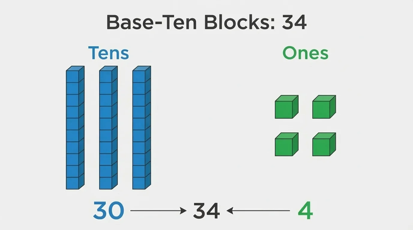 base-ten blocks showing 34 as 3 tens rods and 4 ones cubes