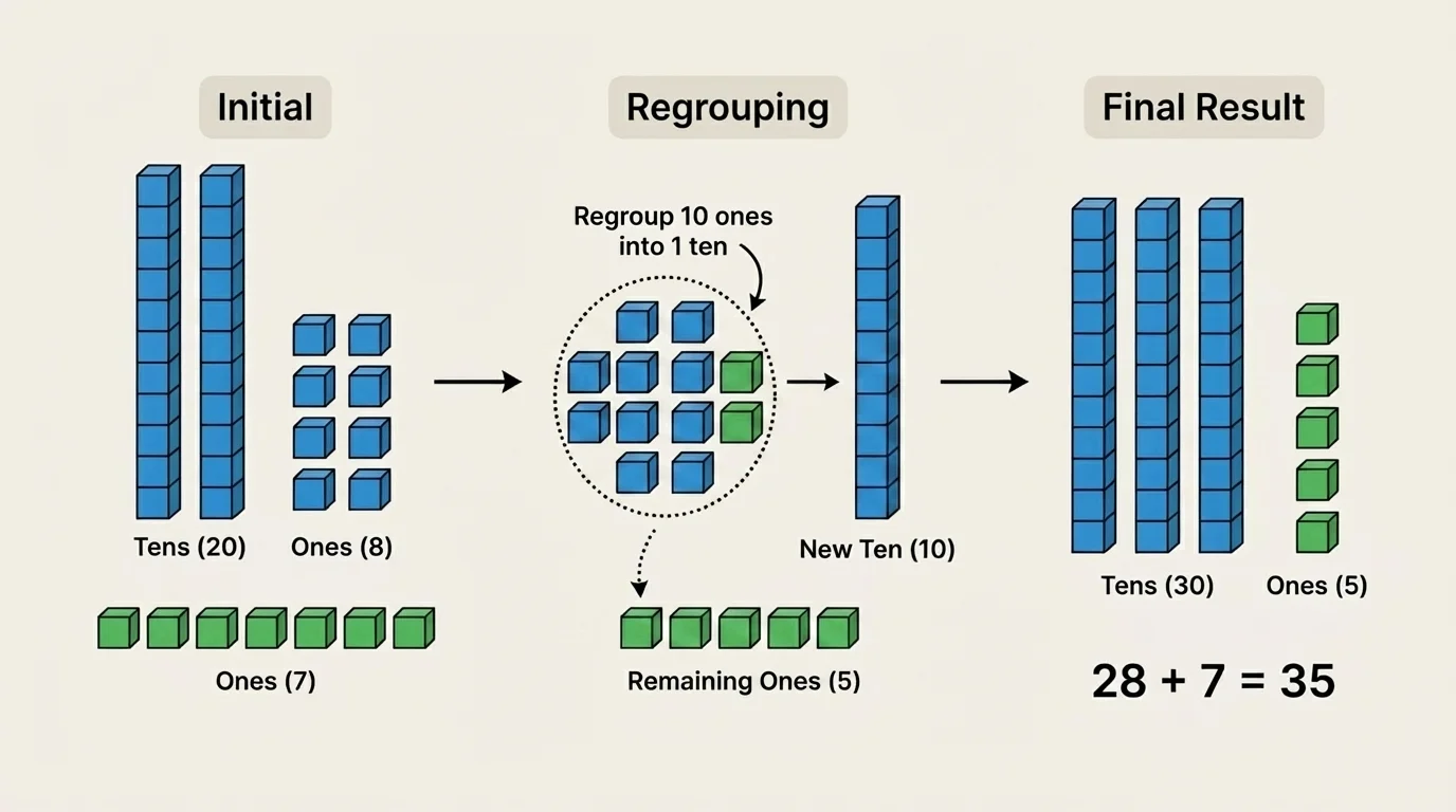 base-ten drawing showing 28 plus 7, with 8 ones and 7 ones regrouped into 1 new ten and 5 ones