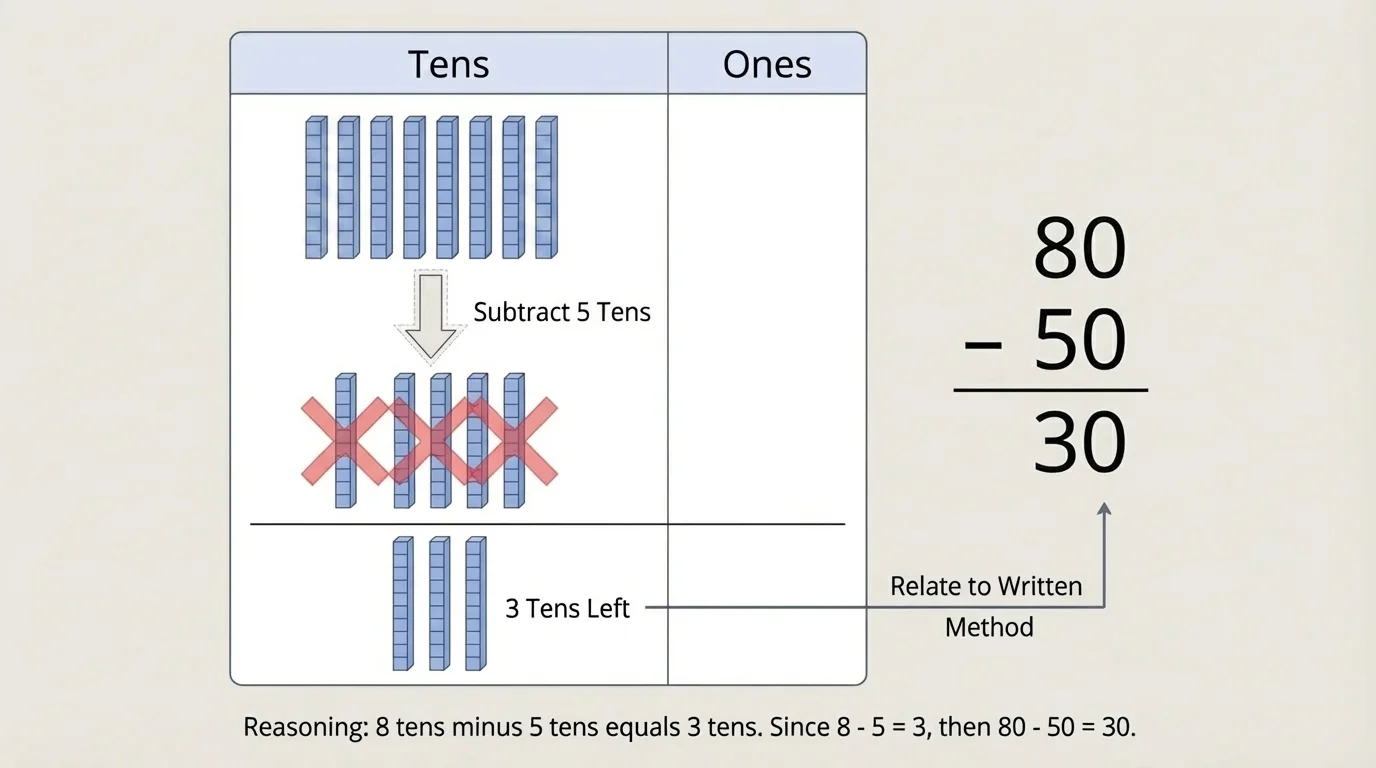 place-value chart with tens and ones columns and a vertical subtraction setup for 80 minus 50, showing 3 tens left