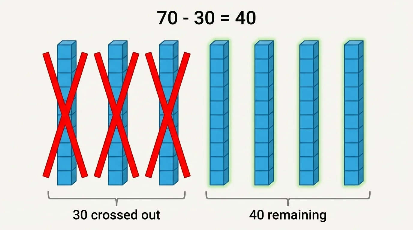 seven tens rods shown in a row, three rods crossed out, four rods left uncrossed to represent 70 minus 30