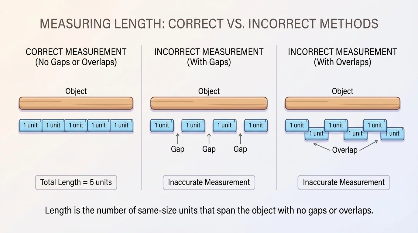 side-by-side comparison of measuring a stick correctly with equal units touching, incorrectly with a gap, and incorrectly with overlapping units