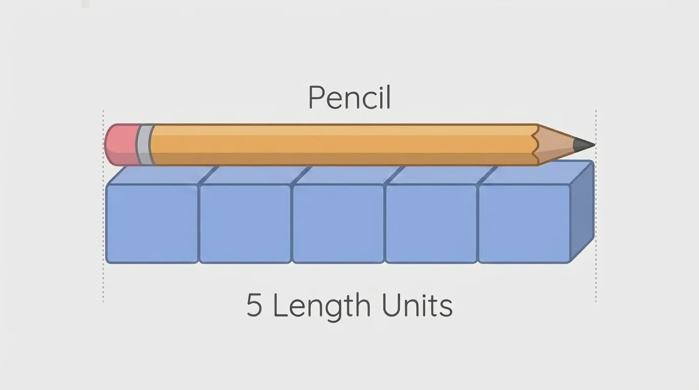 pencil with 5 equal cubes lined end to end from one end to the other, cubes touching with no gaps or overlaps