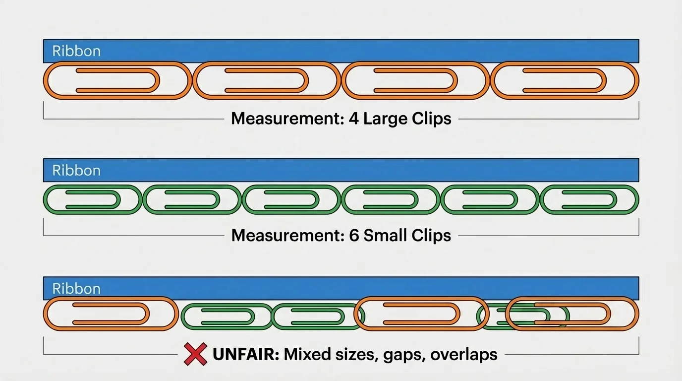 one ribbon measured once with 4 equal large clips and once with 6 equal small clips, plus a mixed-size clip row marked unfair
