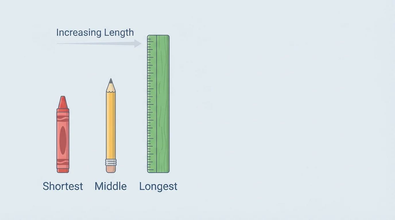 three classroom objects lined up evenly on the left, showing shortest, middle, longest