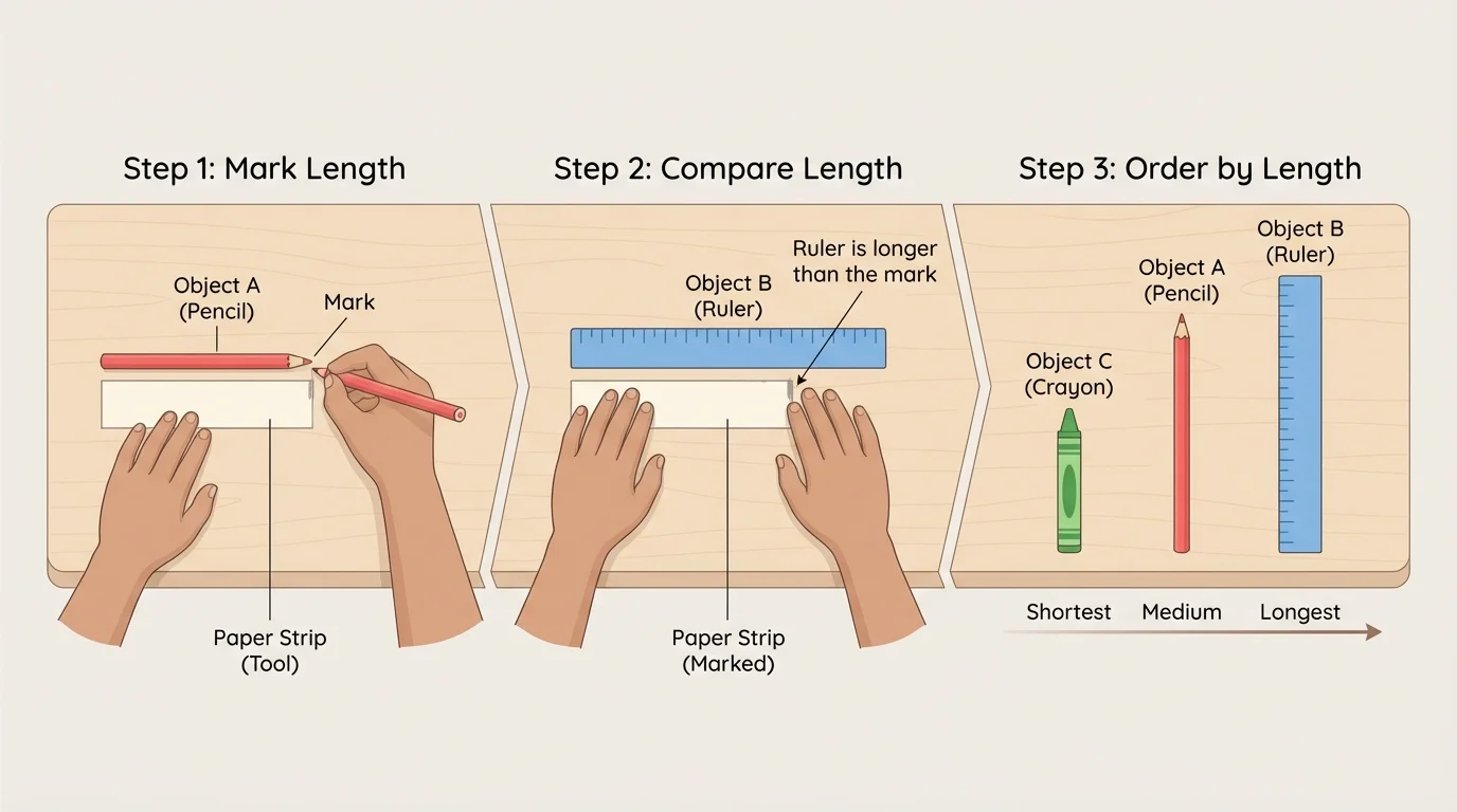 child marking one object's length on a paper strip, then checking the strip against another object