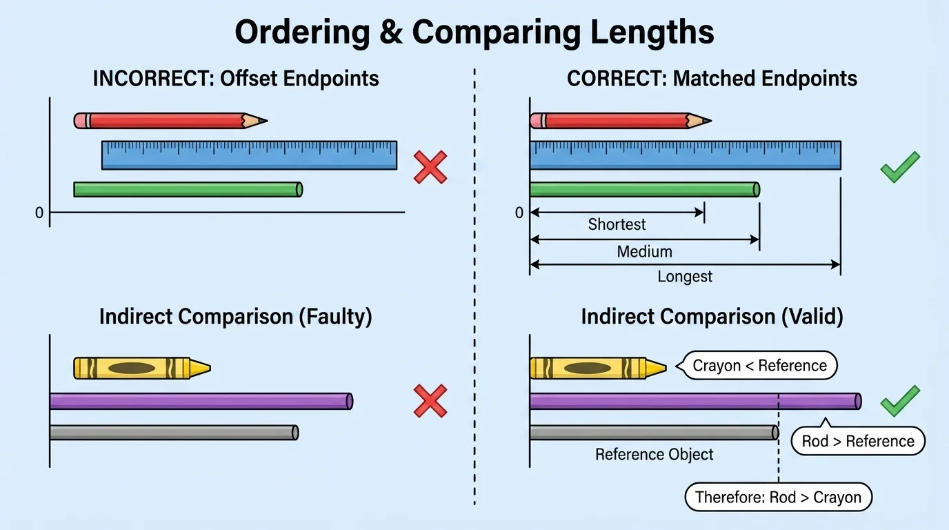side-by-side comparison showing incorrect offset endpoints and correct matched endpoints with straight objects