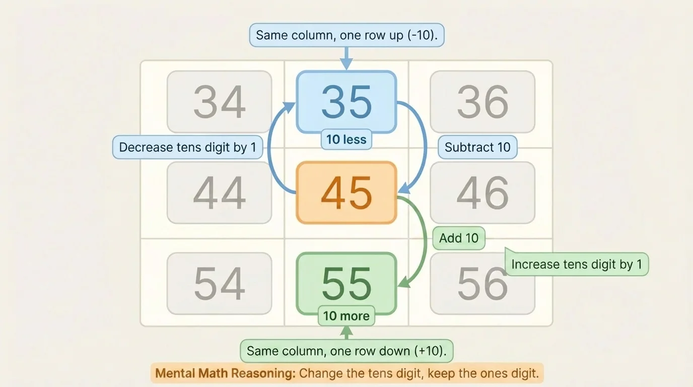section of a hundred chart with one number highlighted, the number directly above highlighted as 10 less, and the number directly below highlighted as 10 more